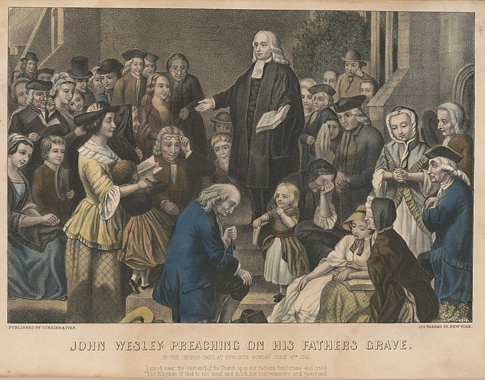John Wesley preaching on his fathers grave: in the church yard at Epworth Sunday June 6th 1742.  Click to enlarge.