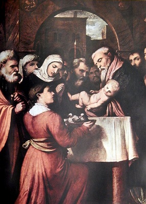 Simeon holding infant Jesus during purification at the Temple. Click to enlarge.
