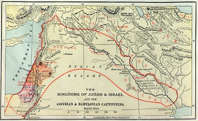 The Kingdoms of Judah and Israel and the Assyrian and Babylonian captivities. Click to enlarge. See below for provenance.